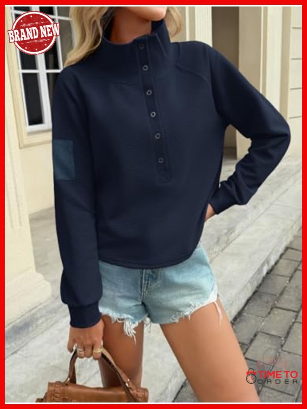 Womens Cropped Henley Neck Snap Button Long Sleeve Sweatshirt Loose Fit - Picture 2 of 6